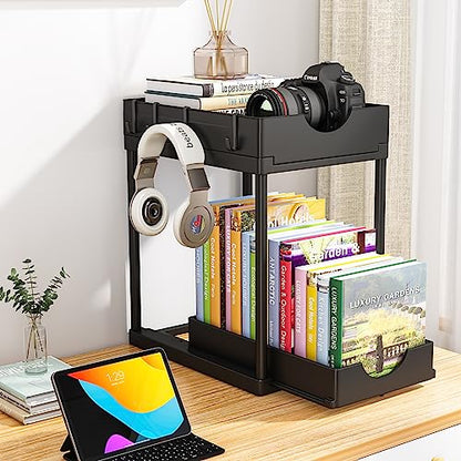 ARSTPEOE 2 Pack Double Sliding Under Sink Organizers and Storage,Two Tier Bathroom Storage and organization,Under Cabinet Organizer with Hooks Hanging Cup,Home Organization,Black