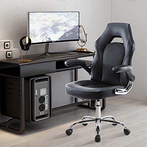 Office Chair, Gaming Chair Ergonomic Desk Chair Computer Chair PU Leather Executive Swivel Chair with Flip-up Armrests and Lumbar Support for Working, Studying, Gaming, Grey