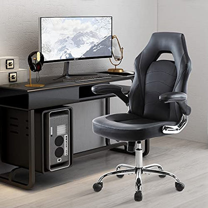 Office Chair, Gaming Chair Ergonomic Desk Chair Computer Chair PU Leather Executive Swivel Chair with Flip-up Armrests and Lumbar Support for Working, Studying, Gaming, Grey