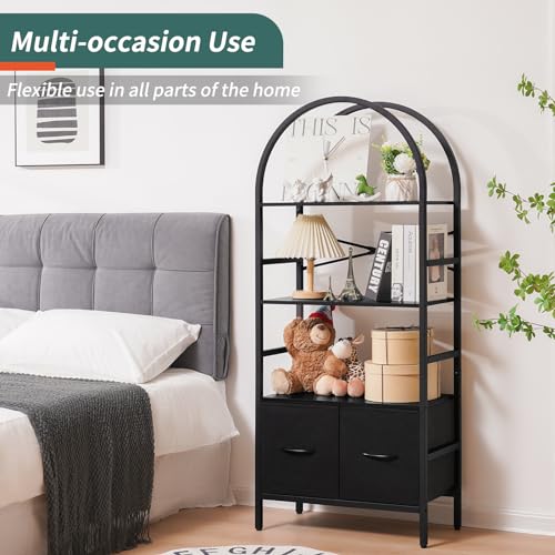 Yoobure Arched Bookshelf with Drawers, 4 Tier Book Shelf Storage Shelves, Industrial Bookcase Book Organizer for Bedroom Office, Tall Metal Bookshelves, Open Book Case Display Standing Shelf Unit