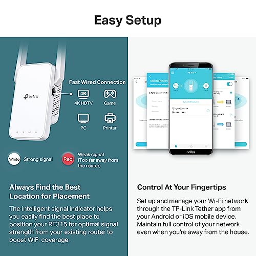 TP-Link WiFi Extender with Ethernet Port, 1.2Gbps signal booster, Dual Band 5GHz/2.4GHz, Up to 89% more bandwidth than single band, Covers Up to 1500 Sq.ft and 30 Devices ,support Onemesh (RE315)