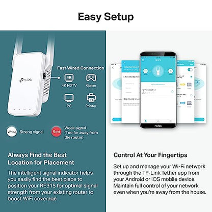 TP-Link WiFi Extender with Ethernet Port, 1.2Gbps signal booster, Dual Band 5GHz/2.4GHz, Up to 89% more bandwidth than single band, Covers Up to 1500 Sq.ft and 30 Devices ,support Onemesh (RE315)