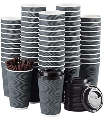 Disposable Coffee Cups with Lids and Straws - 16 oz (90 Set) Togo Hot Paper Coffee Cup with Lid To Go for Beverages Espresso Tea Insulated Reusable Cold Drinks Ripple Cups Protect Fingers From Heating