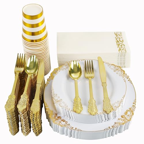 KINEATHER 175PCS gold and white Disposable Plastic Plates Set for 25 Guests, 25 Dinner Plates, 25Dessert Plates, 25 Forks, 25 Knives, 25 Spoons, 25 Napkins, 25 Paper Cups, for Wedding & Party