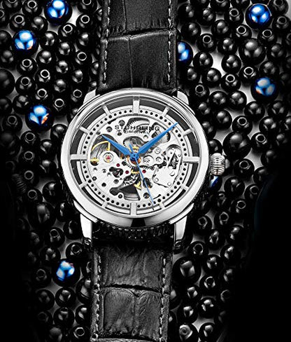 Stuhrling Original Mens Automatic Watch Skeleton Stainless Steel Self Winding Dress Watch with Premium Leather Band Legacy Collection (Silver)