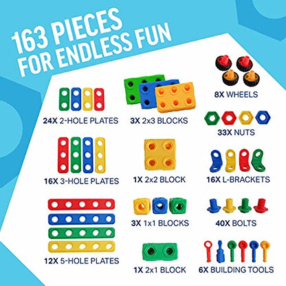Brickyard Building Blocks STEM Toys - Educational Building Toys for Kids Ages 4-8 with 163 Pieces, Tools, Design Guide and Toy Storage Box, Gift for Boys & Girls