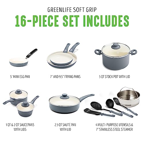 GreenLife Soft Grip Healthy Ceramic Nonstick 16 Piece Kitchen Cookware Pots and Frying Sauce Saute Pans Set, PFAS-Free with Kitchen Utensils and Lid, Dishwasher Safe, Quartz Gray
