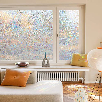 LUTE Window Privacy Film Rainbow Window Cling 3D Decorative Stained Glass Window Coverings, Static Cling Non-Adhesive Removable Window Sticker Sun UV Blocking Window Decal for Home 17.5 x 78.7 inches