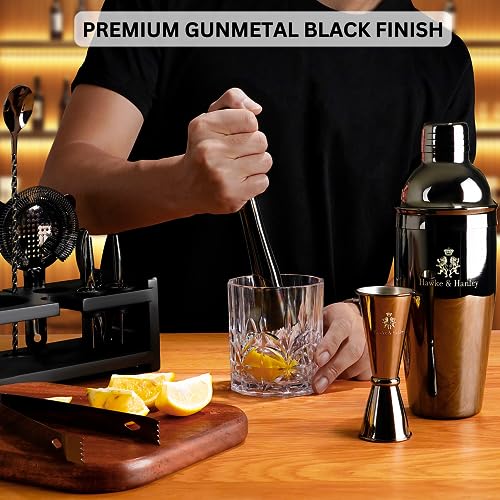 Hawke & Hanley Mixology Bartender Kit: Cocktail Shaker Bar Set with a Martini Shaker, Bar Tools and Black Bamboo Stand | Bartending Kit with Recipe Book | Unique Housewarming Gift (Black)