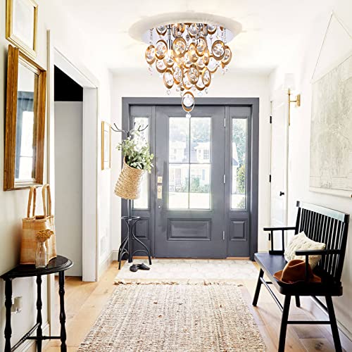 Luburs 4-Light Flush Mount Chandelier 3-Tier Semi-Flush Mount Ceiling Light Fixture Modern Crystal Copper Ceiling Lighting for Bedroom Bathroom Kitchen Hallway 4 G10 Bulbs