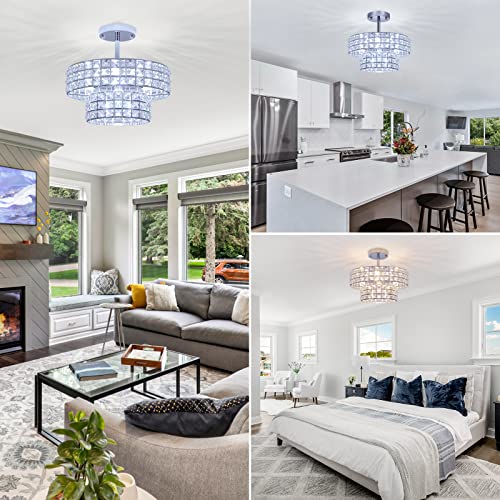 LASENCHOO 4 Lights Modern Crystal Chandeliers for Living Room Kitchen Dining Room Light Fixture, Crystal Flush Mount Ceiling Light Fxiture Brushed Nickel Flush Mount Chandelier G45 Bulbs(Not Include)
