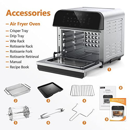 whall Air Fryer Oven,12QT 12-in-1 Air Fryer Convection Oven,Rotisserie,Roast,Bake,Dehydrate,12 Cooking Presets,Digital Touchscreen,Stainless Steel,with Accessories&Recipes