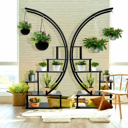 Elevens 2 Pcs 6 Tier Tall Metal Indoor Plant Stand Half-Moon-Shaped Plant Shelf Holder Multi-Purpose Plant Stands Plants Decor Plant Stands for Home Decoration (Round-Black)