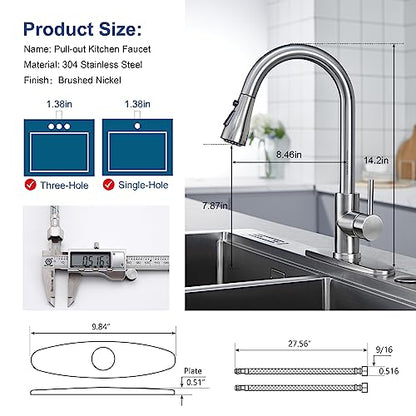 ATPCOLTD Single Handle High Arc Brushed Nickel Pull Out Kitchen Faucet,Single Handle Stainless Steel Brushed Nickel Pull Down Kitchen Sink Faucet with Sprayer