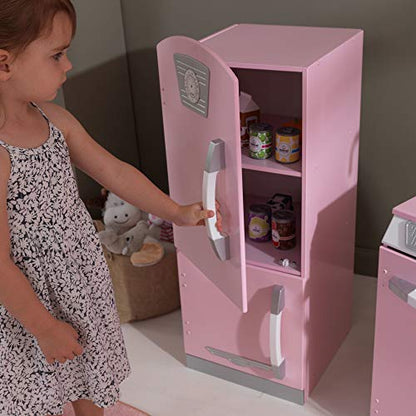 KidKraft Retro Wooden Play Kitchen and Refrigerator 2-Piece Set with Faucet, Sink, Burners and Working Knobs, Pink, Gift for Ages 3+