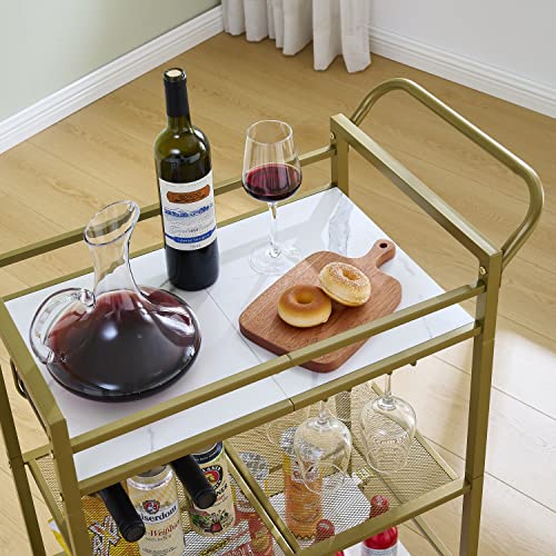 Tajsoon 3-Tier Bar Cart, Mobile Bar Serving Cart, Industrial Style Wine Cart for Kitchen, Beverage Cart with Wine Rack and Glass Holder, Rolling Drink Trolley for Living Room, Gold & White