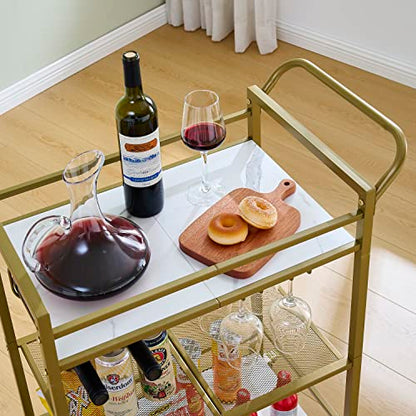 Tajsoon 3-Tier Bar Cart, Mobile Bar Serving Cart, Industrial Style Wine Cart for Kitchen, Beverage Cart with Wine Rack and Glass Holder, Rolling Drink Trolley for Living Room, Gold & White