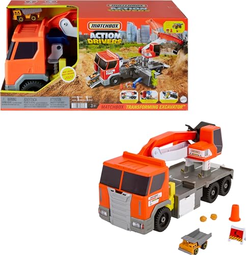 Matchbox Action Drivers Matchbox Transforming Excavator, Large-Scale Toy Truck & Playset with 1:64 Scale Vehicle & 4 Construction-Themed Accessories