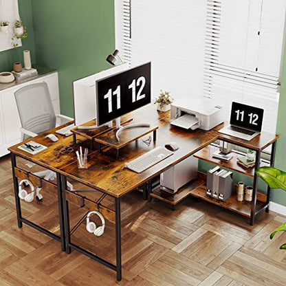 ODK Small L Shaped Computer Desk with Reversible Storage Shelves, 58 Inch L-Shaped Corner Desk with Monitor Stand for Small Space, Modern Simple Writing Study Table for Home Office, Rustic Brown