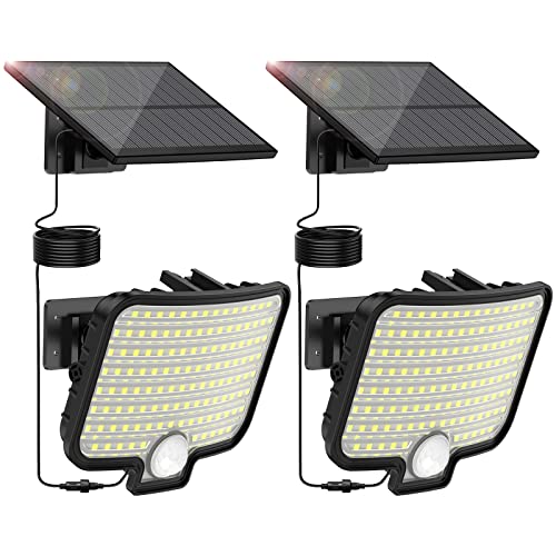Solar Lights Outdoor 7500K, 120 LED Motion Sensor Solar Wall Light with 16.5ft Cable, IP65, 3 Modes Solar Flood Security Lights 150° Wide Angle Illumination for Patio, Garage, Porch, Yard (2 Packs)