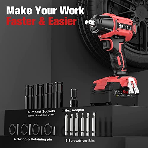 Bamse Impact Wrench Cordless, Brushless Power Impact Gun 21V, 1/2'', 4.0Ah Battery, 3200RPM & Max Torque 480 Ft-lbs (650N.m) with 4 Sockets, Electric Impact Driver for Car Tires and Home