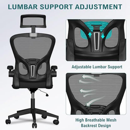 yoyomax Ergonomic Office Chair, High Back GamingChair for Big and Tall People, Adjustable Headrest/Armrests Reclining Comfy Home OfficeChair Lumbar Support Breathable Mesh ComputerChair, Black