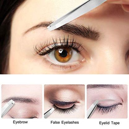 Tweezers Set, 4Pcs Eyebrows Tweezers and a Pair of Scissor with Leather Case, Great Precision for Eyebrow, Ingrown Hair, Splinter, Facial Hair Removal By HAWATOUR, Silver