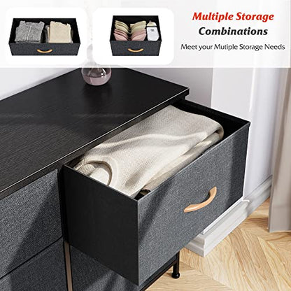 Nicehill Dresser for Bedroom with 5 Drawers, Storage Drawer Organizer, Wide Chest of Drawers for Closet, Clothes, Kids, TV Stand with Storage Drawers, Wood Board, Fabric Drawers(Black Grey)