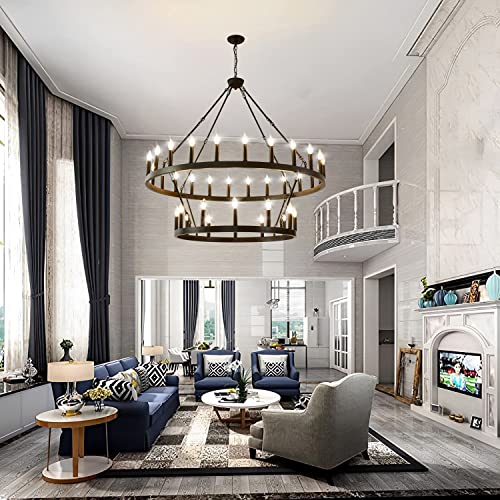 48 Inch Black Wagon Wheel Chandelier,2 Tier 36-Lights Extra Large Round Farmhouse Pendant Light Fixture Rustic Hanging Lighting outdoor modern wheel chandelier for porch, high Ceilings Dining Room