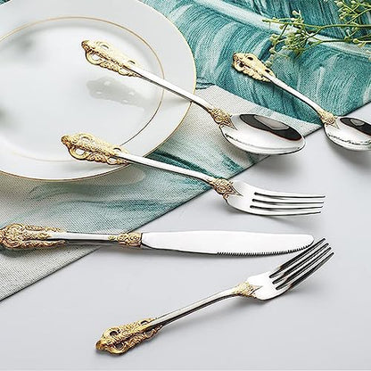 Runfly Gorgeous Baroque Silver Gold 18/10 Stainless Steel 20 Pieces Flatware Set, Anti-rust Stainless Steel Gold Cutlery Set Utensils Including Fork Spoon and Knife with Gift Box
