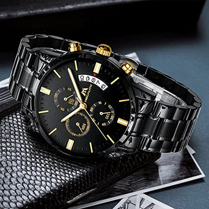 MEGALITH Mens Watches 45mm Chronograph Quartz Men's Wrist Watches Stainless Steel Black Waterproof Business Dress Watches for Men Luminous Date, Gifts for Men