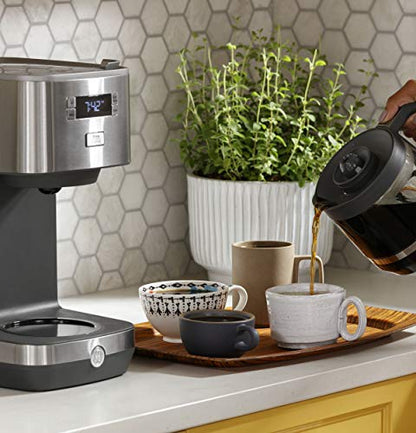 GE Drip Coffee Maker With Timer | 12-Cup Glass Carafe Coffee Pot With Warming Plate | Adjustable Brew Strength | Wide Shower Head for Maximum Flavor | Kitchen Essentials | Stainless Steel