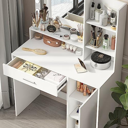 Palimder Vanity Desk with Mirror & Light, Large Drawer & Three Level Storage Dresser, 3 Lighting Modes Adjustable Brightness, Bedroom Dressing Table (White)