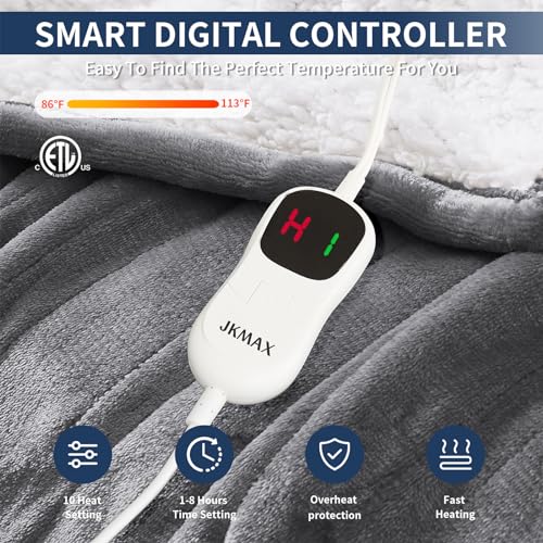 JKMAX Heated Blanket Electric Throw - 50"x60" Electric Heating Blanket 10 Heat Setting 5 Levels Auto-Off Heated Throw Blanket Overheat Protection Soft Flannel Sherpa Electric Blanket ETL Certified