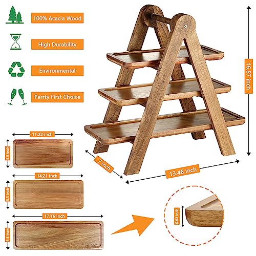 Wooden 3 Tier Serving Tray, Solid Acacia Wood Serving Trays（max 14 x 5.5 in or Home Decor, Food, Vegetables, Fruit, Charcuterie, Appetizer Serving Tray, Cheese Board (Set of 3 Plates)