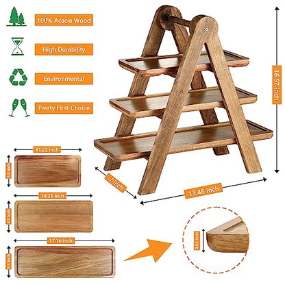 Wooden 3 Tier Serving Tray, Solid Acacia Wood Serving Trays（max 14 x 5.5 in or Home Decor, Food, Vegetables, Fruit, Charcuterie, Appetizer Serving Tray, Cheese Board (Set of 3 Plates)