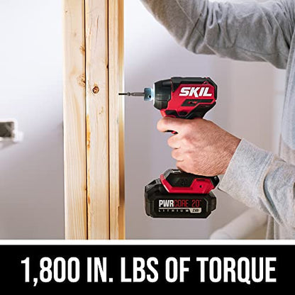 SKIL PWR CORE 20 Brushless 20V Compact Drill Driver and Impact Driver Kit Includes 2.0Ah Battery and PWR JUMP Charger - CB8437B-10