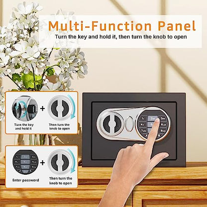 GOLDENKEY Safe and Lock Box Digital Electronic Security Keypad Mini Small Safes with Black Safe Box for Home Office Travel Business Use, 0.236 Cubic Feet