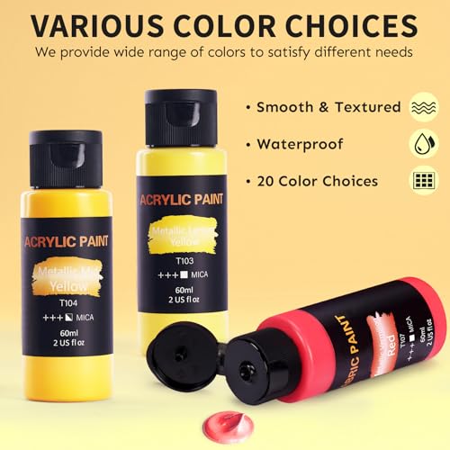 Metallic Acrylic Paint Set with 12 Brushes, Metallic Acrylic Paint Sets with 20 Colors (60ml, 2oz), Acrylic Paint Set for Artists, Beginners on Rocks, Canvas, Wood, Fabric