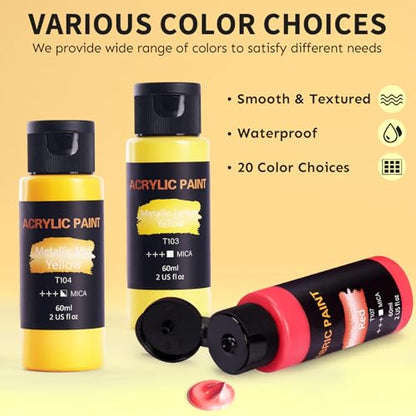 Metallic Acrylic Paint Set with 12 Brushes, Metallic Acrylic Paint Sets with 20 Colors (60ml, 2oz), Acrylic Paint Set for Artists, Beginners on Rocks, Canvas, Wood, Fabric