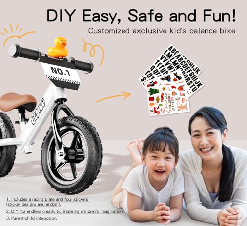 LEDIVO Toddler Balance Bike 2 Year Old, Age 18 Months to 5 Years Old, 12" Push Bicycle w/Customize Plate (4 Sets of Stickers & Toy Duck Included), Kids Balancing Gift Bike for 3-4 yrs Boys Girls