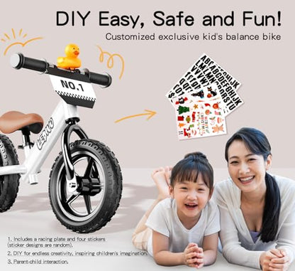 LEDIVO Toddler Balance Bike 2 Year Old, Age 18 Months to 5 Years Old, 12" Push Bicycle w/Customize Plate (4 Sets of Stickers & Toy Duck Included), Kids Balancing Gift Bike for 3-4 yrs Boys Girls