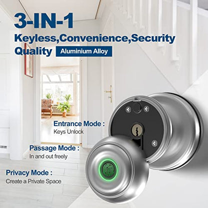 GeekTale Smart Door knob, Fingerprint Door Lock Smart Lock Biometric Door Lock Fingerprint Door knob with App Control, Great for Bedrooms,Cloakroom,Apartments Offices,Hotels, Satin Nickel