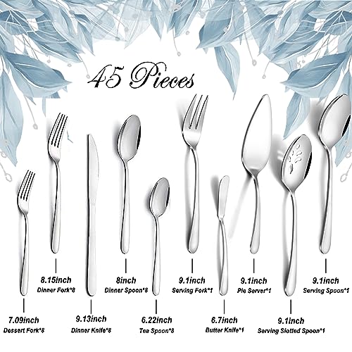 APEO 45 Piece Stainless Steel Silverware Set for 8 with Serving Utensils, Durable Flatware Sets, Forks Spoons and Knives Set, Food-Grade Cutlery Set for Home Kitchen Restaurant Hotel, Dishwasher Safe