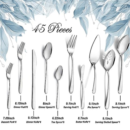 APEO 45 Piece Stainless Steel Silverware Set for 8 with Serving Utensils, Durable Flatware Sets, Forks Spoons and Knives Set, Food-Grade Cutlery Set for Home Kitchen Restaurant Hotel, Dishwasher Safe
