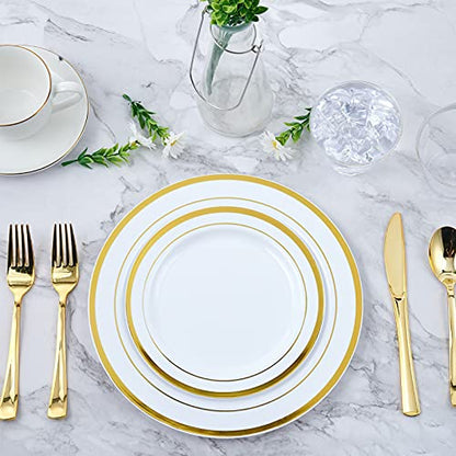 Vplus 175PCS White and Gold Disposable Dinnerware Sets for Wedding Party 25 Guests 25 Dinner Gold Plastic Plates 25 Dessert Plates & 25 Gold Paper Napkins & 25 Gold Plastic Silverware Set