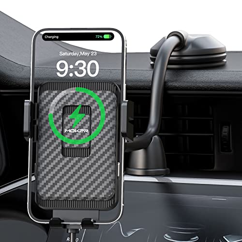 Wireless Car Charger, MOKPR 15W Fast Charging Car Mount Auto-Clamping Car Charger, Dashboard Windshield Phone Holder Compatible with iPhone 14/13/13 Pro/12 pro/12/11/X/8, Samsung S23/S22/S10/S9/S8