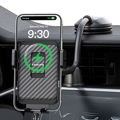 Wireless Car Charger, MOKPR 15W Fast Charging Car Mount Auto-Clamping Car Charger, Dashboard Windshield Phone Holder Compatible with iPhone 14/13/13 Pro/12 pro/12/11/X/8, Samsung S23/S22/S10/S9/S8