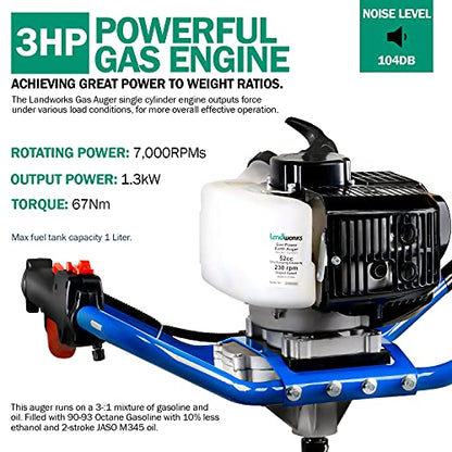 Landworks Earth Auger Power Head Heavy Duty 3HP 52cc 2 Stroke Gas Engine w/Steel 8"x24" Bit w/Fishtail One Man Post Hole Digger for Planting, Earth Burrowing/Drilling & Fences EPA/CARB Compliant