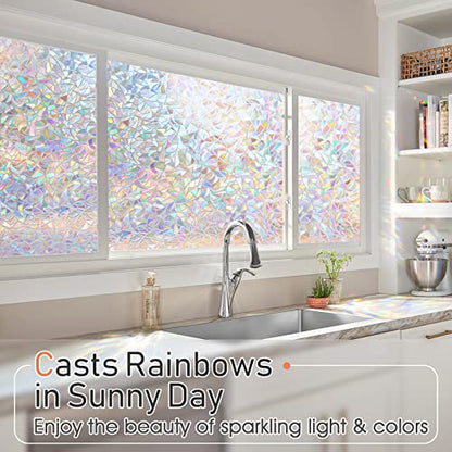 LUTE Window Privacy Film Rainbow Window Cling 3D Decorative Stained Glass Window Coverings, Static Cling Non-Adhesive Removable Window Sticker Sun UV Blocking Window Decal for Home 17.5 x 78.7 inches
